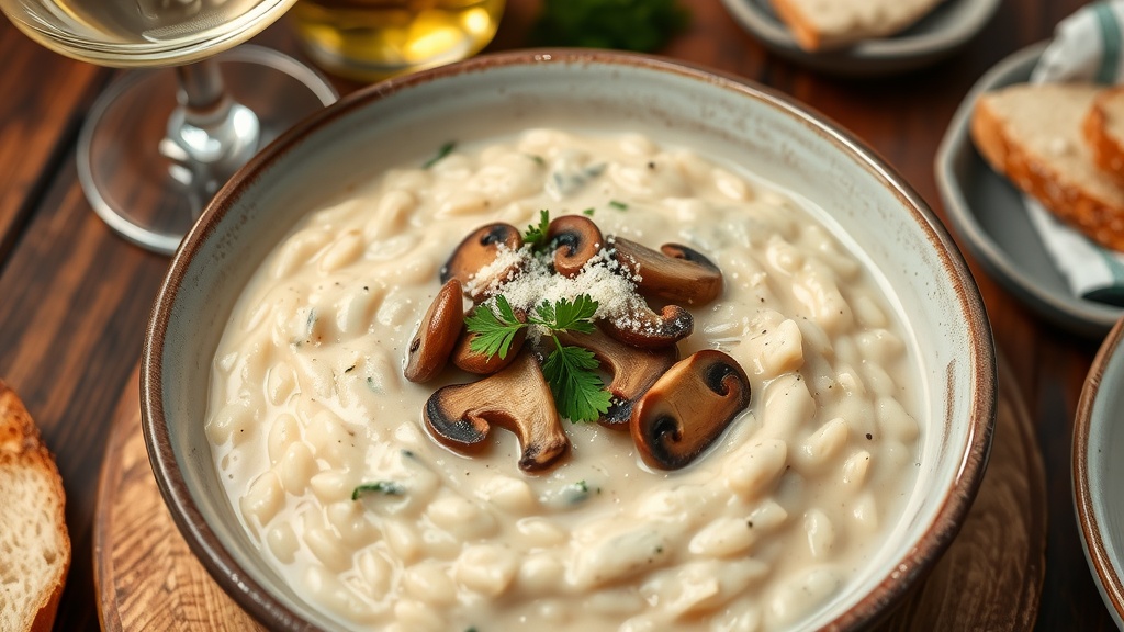 Creamy Mushroom Risotto Recipe Creamy mushroom risotto topped with parsley and Parmesan, served in a rustic bowl with a glass of wine.
